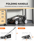 Cordless Electric Lawn Mower With Brushless Motor 13 Inch Cutting Width Mows Up To 1600 Sq Ft 8 Gallon Grass Bag folded under desk
