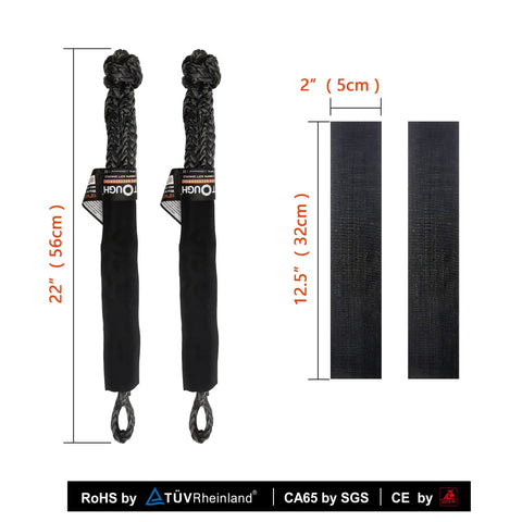 Two Pack Soft Shackle Half Inch By 22 Inch Rope Shackle With 55,000 Lbs Breaking Strength For Off Road Recovery Sailing SUV ATV Truck Jeep Gray 4 Sleeves Lightweight Yet Super Strong Gear shown with dimensions and certification logos