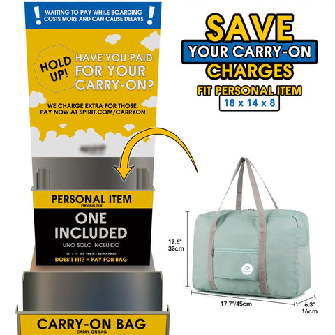 Spirit Airlines Compatible Foldable Travel Duffel Bag Tote Carry On Luggage, mint green, size comparison with personal item bin.
