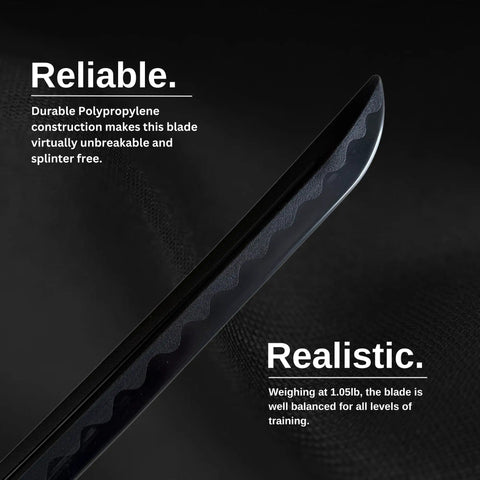 Close-up of 39 Inch Polypropylene Martial Arts Training Sword With Black Saya Scabbard, showing durable polypropylene blade.