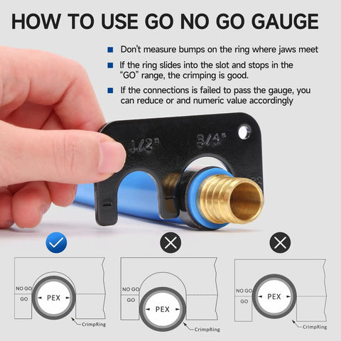 Using the Go No Go gauge for Combo Pex Pipe Crimping Tool Kit for One Half and Three Quarter Inch Copper Ring Fittings Meets ASTM F1807 Standard Copper Ring Crimper Removal Tool and Pex Tubing Cutter for Fast DIY Home Plumbing Fixes.