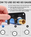Hand using Half-Inch And Three-Quarter-Inch PEX Pipe Crimping Tool With Copper Ring Gauge showcasing crimping and gauge alignment.