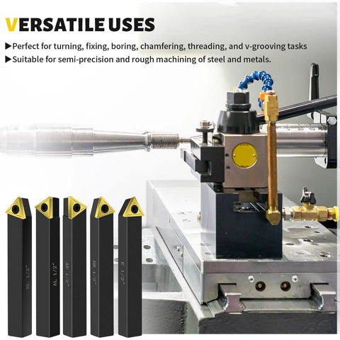 Indexable Carbide Lathe Tool Holder Set Five Pieces With Tin Coated Inserts Half Inch Shank For Turning Grooving Threading
