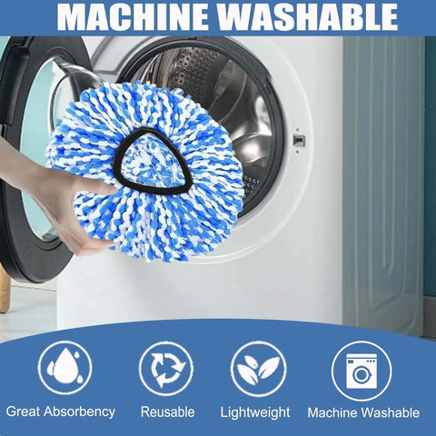 4 Pack Spin Mop Replacement Heads For RinseClean 2 Tank Spin Mop System Premium Grime Busting Microfiber For Deep Cleaning Strong Absorption Works On Wood And Tile Floors Machine Washable Easy To Replace, machine washable microfiber mop head in front of washer