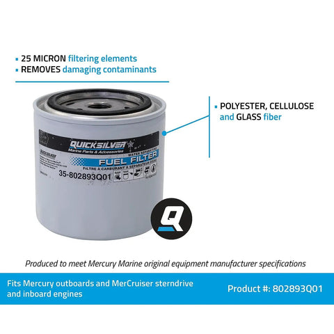 Water Separating Fuel Filter For Mercury And Mariner Outboard Engines And MerCruiser Sterndrive Inboards showing 25 micron filtration