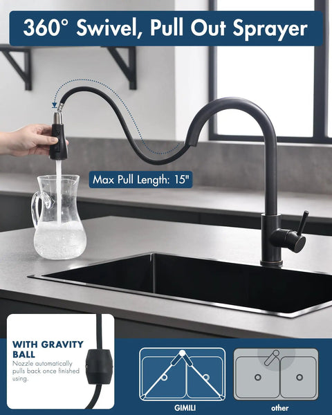 GIMILI Touchless Kitchen Faucet with Pull Down Sprayer featuring 360° swivel and 15" pull-out sprayer in a modern kitchen setting.