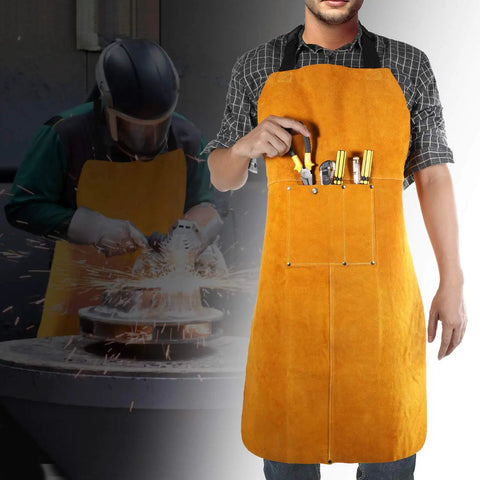 Man wearing Heavy Duty Leather Welding Apron, Flame and Spark Resistant Bib, adjusting neck strap, background of welding sparks