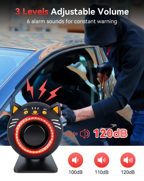 High Impact Car Alarm System With Vibration Sensor 120dB Siren And Red Strobe Lights Dual Alert Security For Your Ride Easy Install Deterrence Against Thieves Auto Arm And Alarm On Vibration, cat-shaped unit on stand
