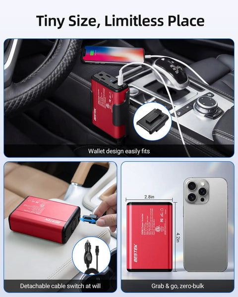 Premium Tailgate Ready 150W Car Power Inverter With Dc To Ac Converter positioned in a car, charging a phone with a compact design.