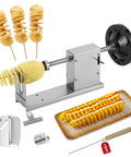 CGOLDENWALL 3-in-1 manual tornado potato slicer with stainless steel body and crank; shown with spiral potatoes and blades