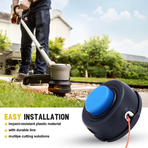 Tap And Go Trimmer Head Replacement For Husqvarna T35 525L 525LS installed on lawn trimmer and close-up view of trimmer head