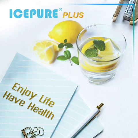 Lemon water and office supplies next to notepad with 'Enjoy Life, Have Health', promoting 3 Pack Fridge Water Filter Replacement Compatible With Everydrop EDR4RXD1 And Whirlpool Maytag UKF8001 Series Puriclean II RWF0900A MPF15090 WF UKF8001 NSF Certified 53 42 372 BPA Free RoHS Reach.