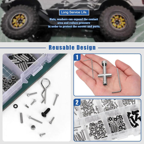 294 Piece M1.4 To 12Mm Universal RC Screw Kit with screws, clips, and nuts in box; shown with Axial SCX24 crawler truck.