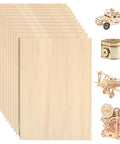 Basswood sheets, 12-pack, 12×16×1/8 in unfinished natural wood; side shows wooden model kits (car, plane, gears).