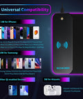RGB Gaming Mouse Pad With 15W Wireless Charging showing compatibility with iPhones, Samsung phones, and AirPods, black design.