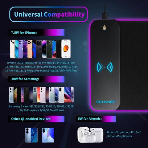 RGB Gaming Mouse Pad With 15W Wireless Charging showing compatibility with iPhones, Samsung phones, and AirPods, black design.