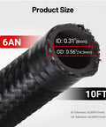 Close-up of a 6AN Fuel Line Kit with AN6 braided nylon stainless steel hose, 0.31 inch ID and 0.56 inch OD, 10 feet length, black