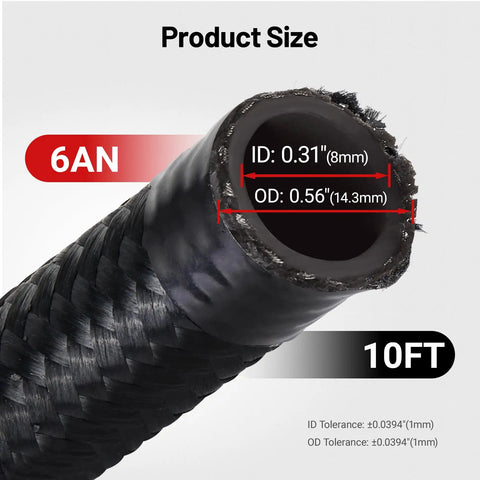 Close-up of a 6AN Fuel Line Kit with AN6 braided nylon stainless steel hose, 0.31 inch ID and 0.56 inch OD, 10 feet length, black
