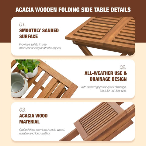 Details of folding wooden side table with smooth surface, drainage design, and acacia wood; ideal for patios or indoor use.