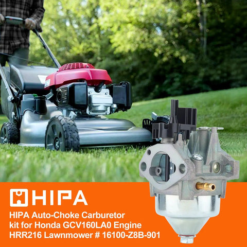 Auto Choke Carburetor And Air Filter Kit For Honda GCV160 Engines for lawn mowers, featuring carb and parts with mower in background