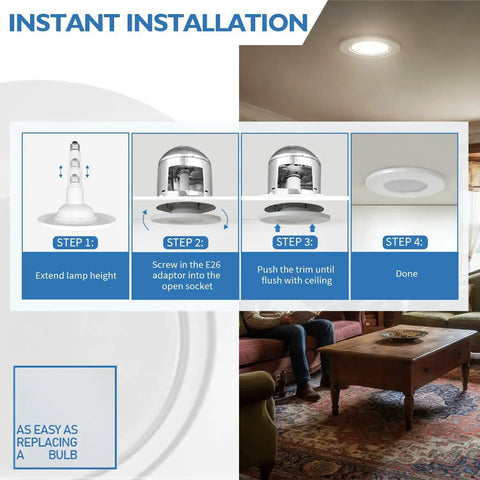 Diagram showing the installation steps for a 5 Or 6 Inch LED Recessed Retrofit Downlights Kit Dimmable 12W To 60W Equivalent 5000K.