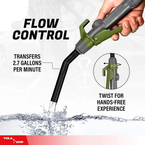 Flow control nozzle of Heavy Duty Fuel Transfer Pump With Slick Quick Flow Control Nozzle And 10 FT Vinyl Discharge Hose in use.