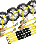 Heavy Duty Car Tie Down Straps For Trailers 2 Inch By 12 Foot, 10000 Lbs Break Strength, 4 Pack Steel Ratchets with yellow axle straps
