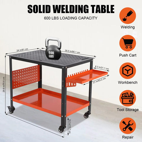 Tank-Tough Heavy-Duty Welding Platform With Rustproof Steel Frame, 1200 Lb Capacity Rolling Workbench For Garage Shops, Portable Fixturing Cart Featuring Tool Tray And 5/8 Inch Mounting Holes, mobile welding table with black and orange design.