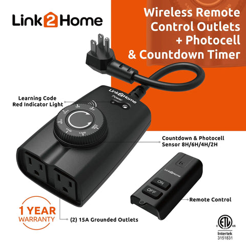 Heavy Duty Outdoor Weatherproof Dual Outlet Remote Control With Dusk To Dawn Sensor Programmable 24 Hour Timer with remote and cord.