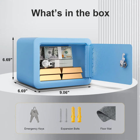 Open Kid Safe Mini Safe Box With Key Lock, Steel Money Box Safe For Cash And Valuables, Compact Blue Home Safe, 6.69 X 9.06 X 6.69 Inches