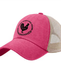 Rose red Washed Distressed Low Profile Trucker Cap Unisex Dope Baseball Style Hat with mesh back and rooster design on front.