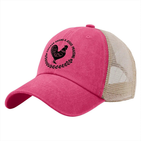 Rose red Washed Distressed Low Profile Trucker Cap Unisex Dope Baseball Style Hat with mesh back and rooster design on front.