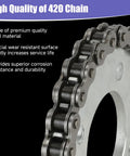 Close-up of 420 chain replacement 32 links for Coleman KT196 CK196 go kart kit, highlighting steel material and wear-resistant features.