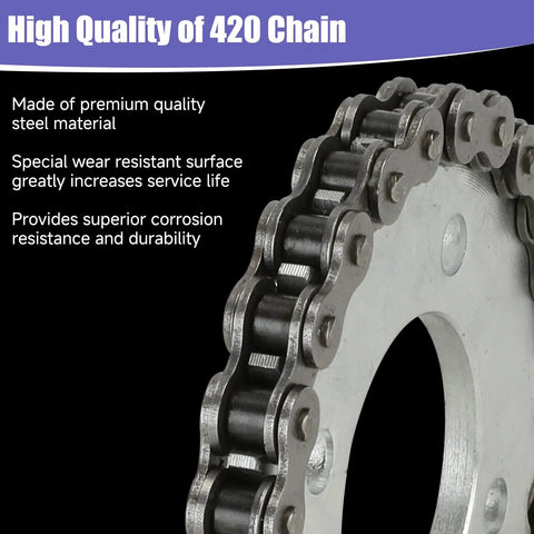Close-up of 420 chain replacement 32 links for Coleman KT196 CK196 go kart kit, highlighting steel material and wear-resistant features.