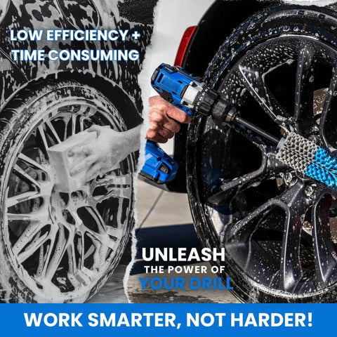 Extended Reach Drill Brush Attachment For Cars And Trucks With Beast Power And Heavy Duty Non Scratch Nylon Bristles All Purpose Wheel And Tire Cleaner For Tires Rims Wheel Wells Engine Bays Exhaust Pipes Running Boards And Hard To Reach Areas being used to clean car wheel