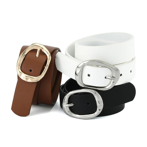 Reliable Daily Go To Womens Black Faux Leather Belt With Metallic Silver Buckle Adjustable Waist Strap for Denim Jeans and Flowy Dresses One Point Two Inch Width Dress Up Or Down Fits Like A Dream.