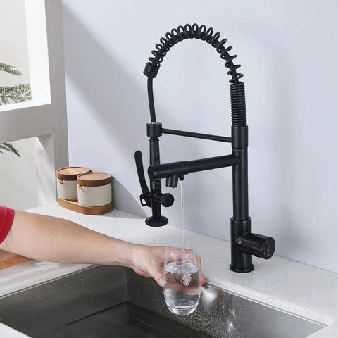 Boss Level Heavy Duty Commercial Style Kitchen Sink Faucet with Single Handle Pre Rinse Sprayer and High Arc Pull Down Matte Black Finish in use