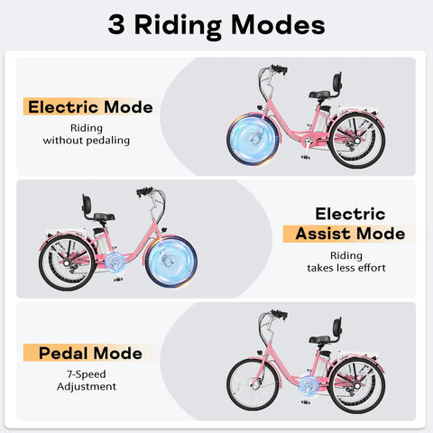 Powerful 500W Brushless Electric Trike For Adults With Smooth Acceleration, Peak 500W And Sustained 350W Motor, Top Speed 15.5 MPH, Sweet For City Cruising, Light Trails, Easy Hills, Comfortable Daily Commute, pink trike shown in electric, assist, and pedal modes