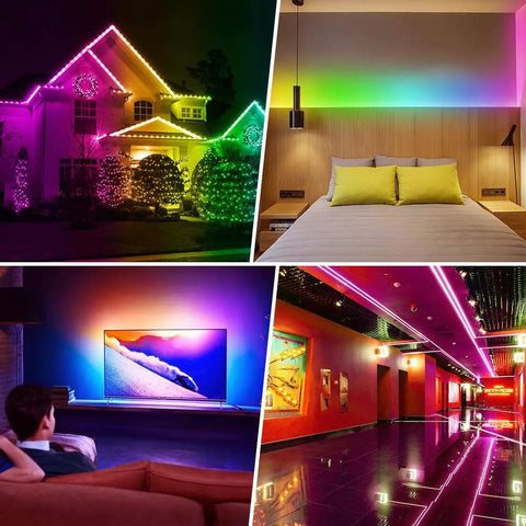Battery Powered RGB LED Strip Lights 2M Long With 3 Button Controller used on house, bedroom, TV, and hallway.