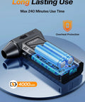 Side view of 130,000 RPM Powerhouse Electric Blower with exposed battery, highlighting 240 minutes use and overheat protection.