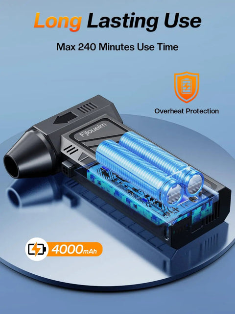 Side view of 130,000 RPM Powerhouse Electric Blower with exposed battery, highlighting 240 minutes use and overheat protection.