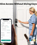Woman in blue uniform using smartphone to access Super Smart Fingerprint Door Lock For Front Entry Delivering Keyless Deadbolt.