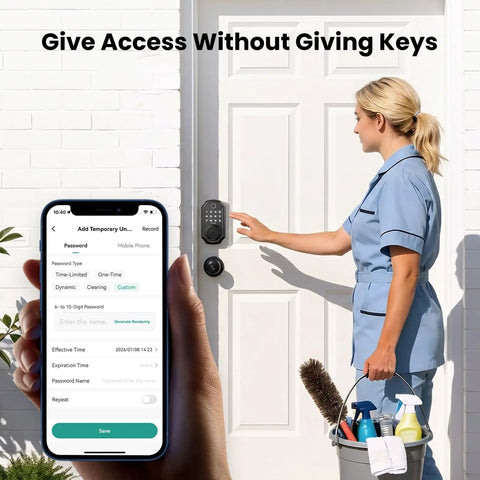 Woman in blue uniform using smartphone to access Super Smart Fingerprint Door Lock For Front Entry Delivering Keyless Deadbolt.
