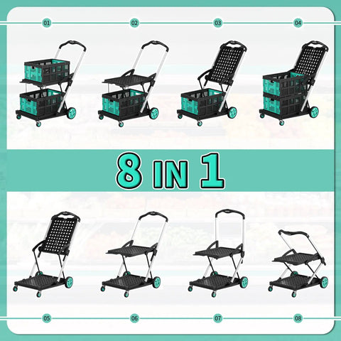 8 In 1 Collapsible Shopping Cart With 350 Lb Capacity showing its folding mechanisms and dual blue storage crates