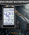 Universal 5 Pin LCD Display Meter For E Bikes And Scooters, 24V 36V 48V 60V Waterproof Connector in rain, showing speedometer
