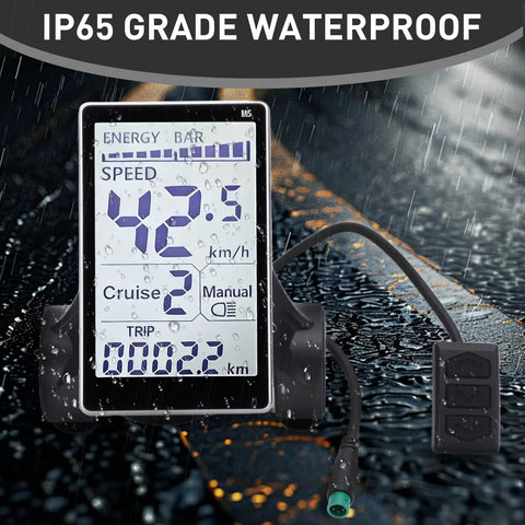 Universal 5 Pin LCD Display Meter For E Bikes And Scooters, 24V 36V 48V 60V Waterproof Connector in rain, showing speedometer