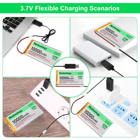 Beefy 2-Pack 3.7V 10000mAh LiPo Battery with USB charger showing multiple flexible charging scenarios for Arduino, drones, and RC cars.
