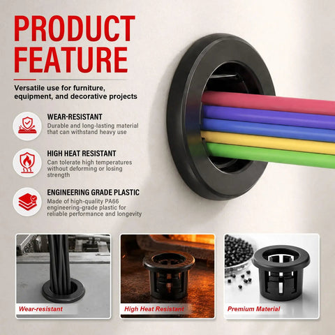 Half Inch Round Cable Snap Bushing Grommet Kit in black, showing wear resistance, heat resistance, and engineering-grade PA66 plastic.