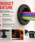60 Pack Three Quarters Inch Round Cable Grommets Snap In Bushing Black High Temp PA66 Nylon Wear Resistant Protective Grommet Set With Inner Diameter 0.57 Inch And Mounting Diameter 0.74 Inch in black panel with cables