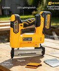 Cordless Brad Nailer 18 Gauge Electric Finish Nail Gun With Two High Capacity Batteries And 200 Piece Kit showcasing features like LED indicator and magazine.